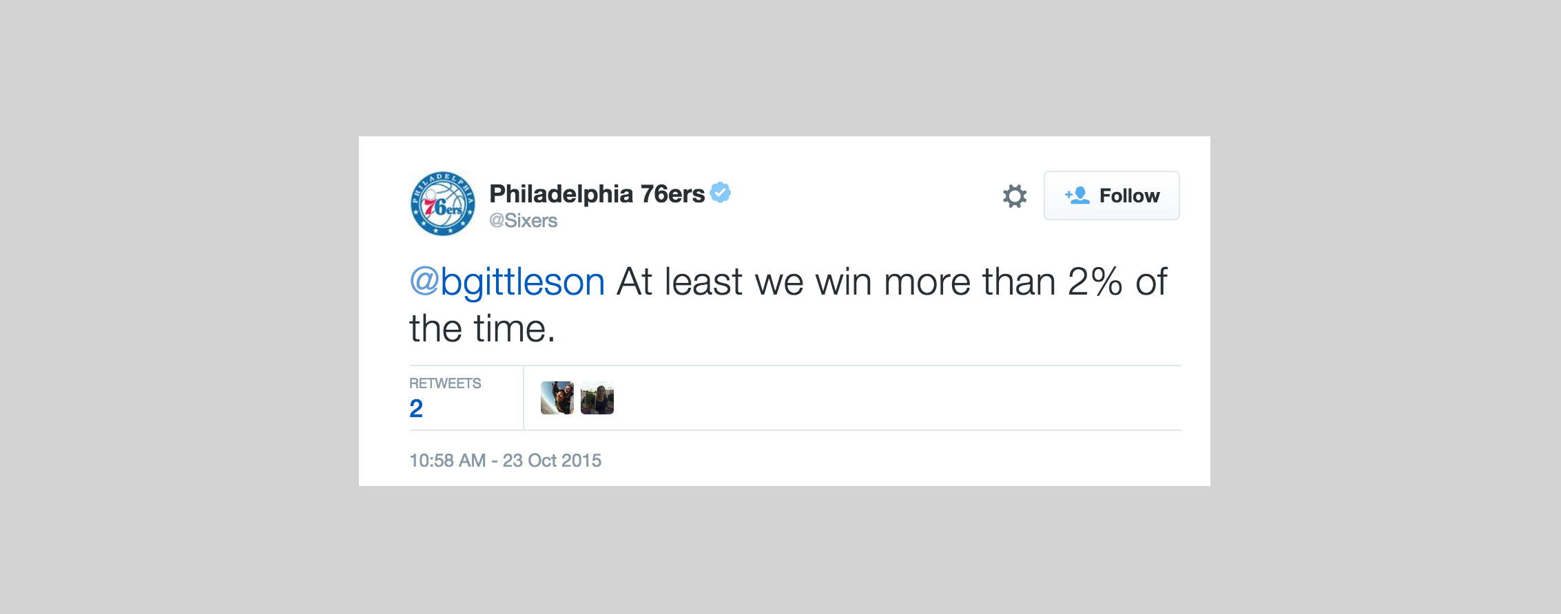 PHOTO: Tweet posted by Philadelphia 76ers Twitter account on Oct. 23, 2015.