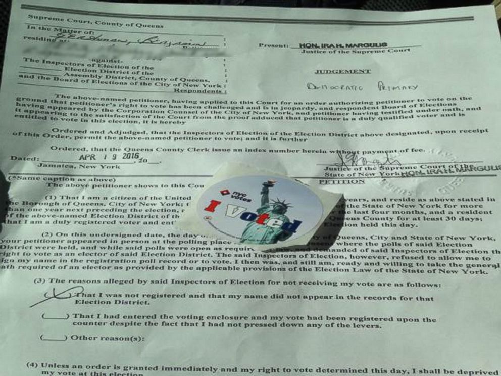 PHOTO: Ben Gershman had to get a court order from a judge in Queens in order to vote with a paper ballot after his voter registration had been inexplicably erased ahead of the April 19, 2016 primary in New York.