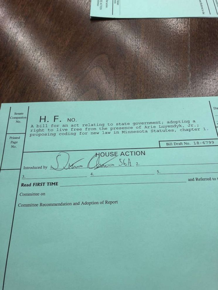 PHOTO: PHOTO: A copy of a bill drafted by Minnesota state Rep. Drew Christensen that would ban "The Bachelor" contestant Arie Luyendyk, Jr. from the state.