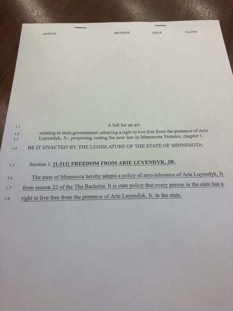 PHOTO: A copy of a bill drafted by Minnesota state Rep. Drew Christensen that would ban "The Bachelor" contestant Arie Luyendyk, Jr. from the state.