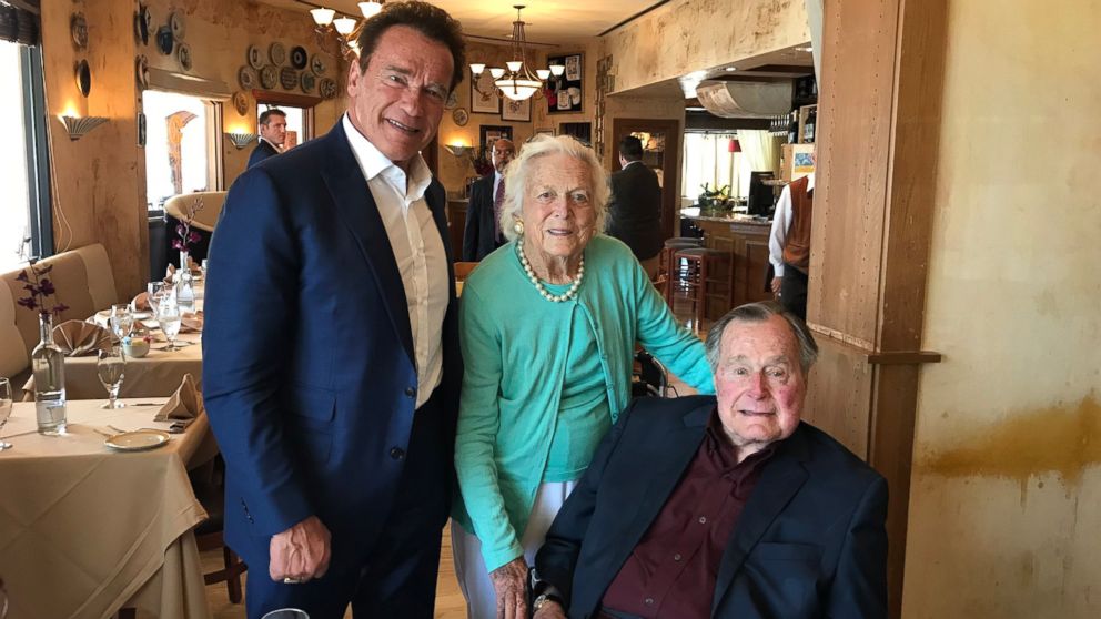 Arnold Schwarzenegger (left) on May 12, 2017, tweeted this photo of himself with former first lady Barbara Bush and former President George Bush.