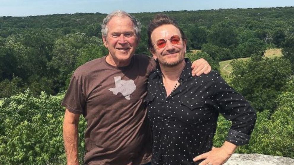 Former President George W. Bush and U2 lead singer Bono at Bush's ranch in Crawford, Texas, on May 26, 2017.