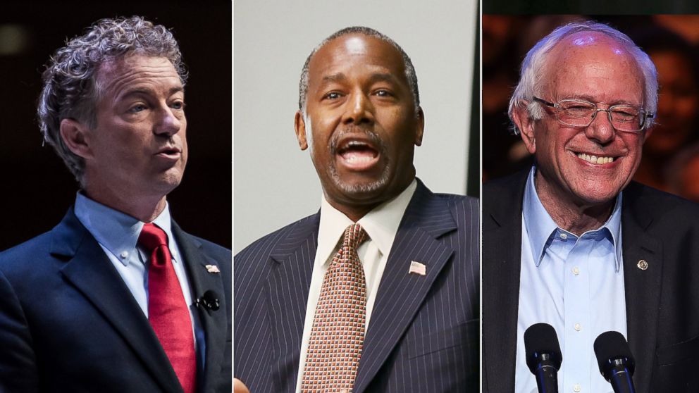 Rand Paul speaks at an event in Greenville, S.C. on Sept. 18, 2015, Ben Carson speaks at a press conference in Sharonville, Ohio on Sept. 22, 2015 and Bernie Sanders speaks during a fundraiser in Los Angeles on Oct. 14, 2015.