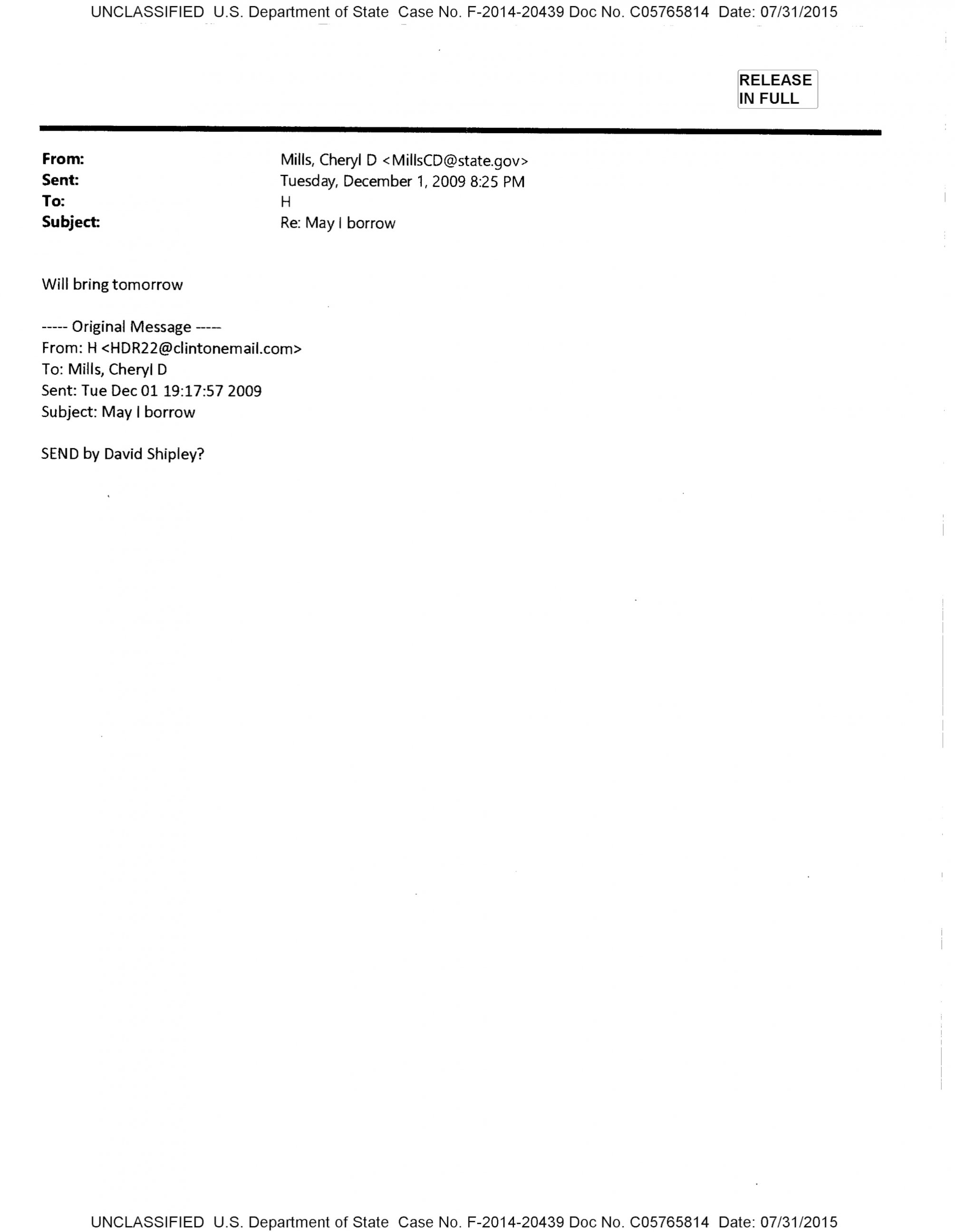 PHOTO:An email exchange between Hilary Clinton and Cheryl Mills from Dec.1, 2009.  