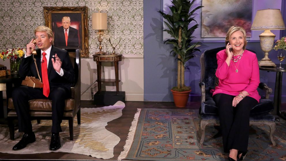 PHOTO: Host Jimmy Fallon as Donald Trump and Hillary Rodham Clinton during the "Trump calls Hillary" skit on Sept. 16, 2015.