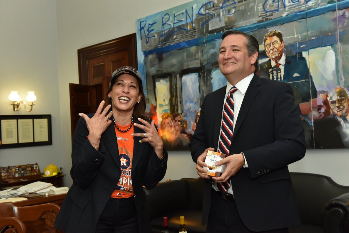 PHOTO: Sen. Kamala Harris, D-Calif., accepts defeat in a friendly World Series bet with Sen. Ted Cruz, R-Tex., in his office in Washington, DC on Nov. 28, 2017.