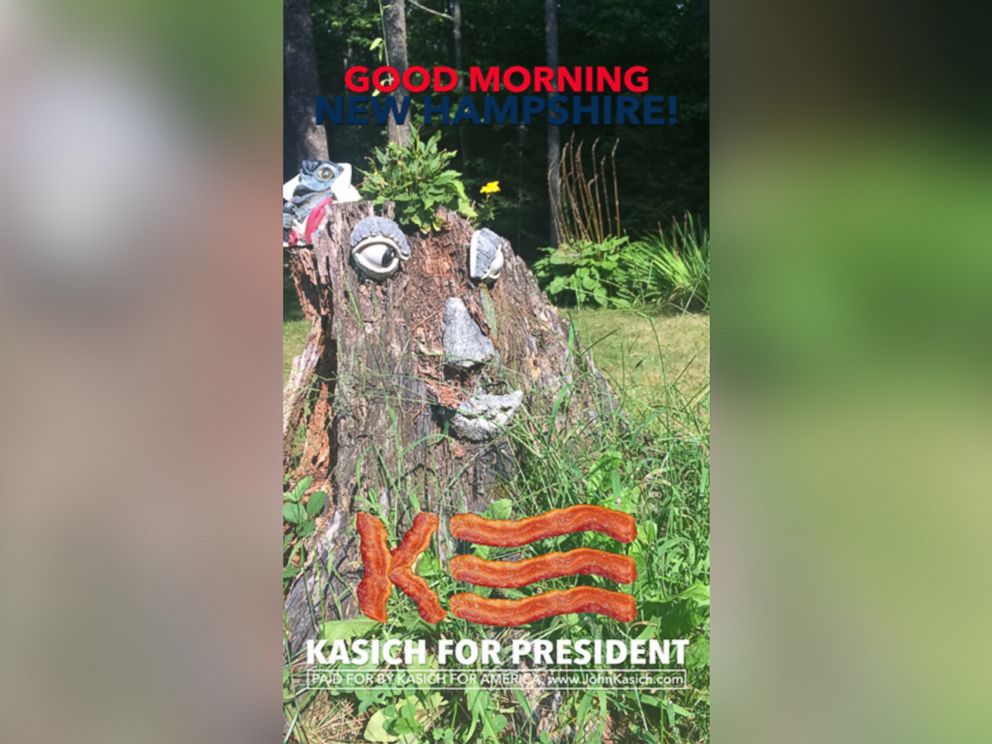 PHOTO: John Kasich's campaign team created a customized Snapchat feature on Sept. 2, 2015, featuring "Good Morning New Hampshire" and a picture of his logo in the form of bacon. 