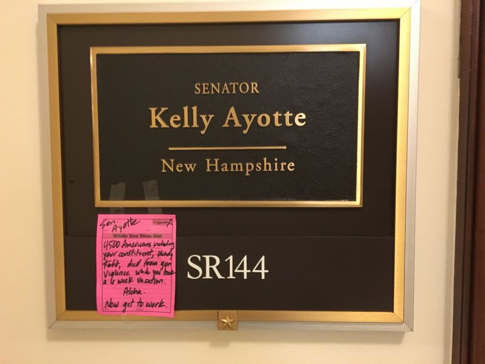 PHOTO: A pink memo is taped outside Senator Kelly Ayotte’s office Tuesday morning, as part of the Brady Campaign to Prevent Gun Violence’s latest effort to push for gun control reform.