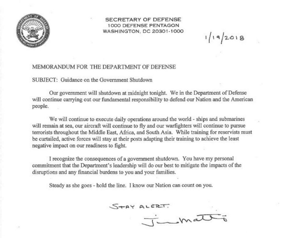 PHOTO: The Secretary of Defense sent this memo following the government shutdown at midnight on Jan. 20, 2018.