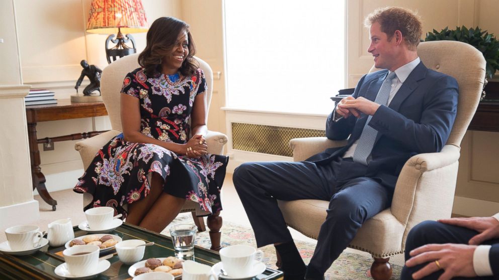 PHOTO: First Lady Michelle Obama meets with Prince Harry for tea to discuss the "Let Girls Learn" initiative and support for veterans, at Kensington Palace in London, England, June 16, 2015.