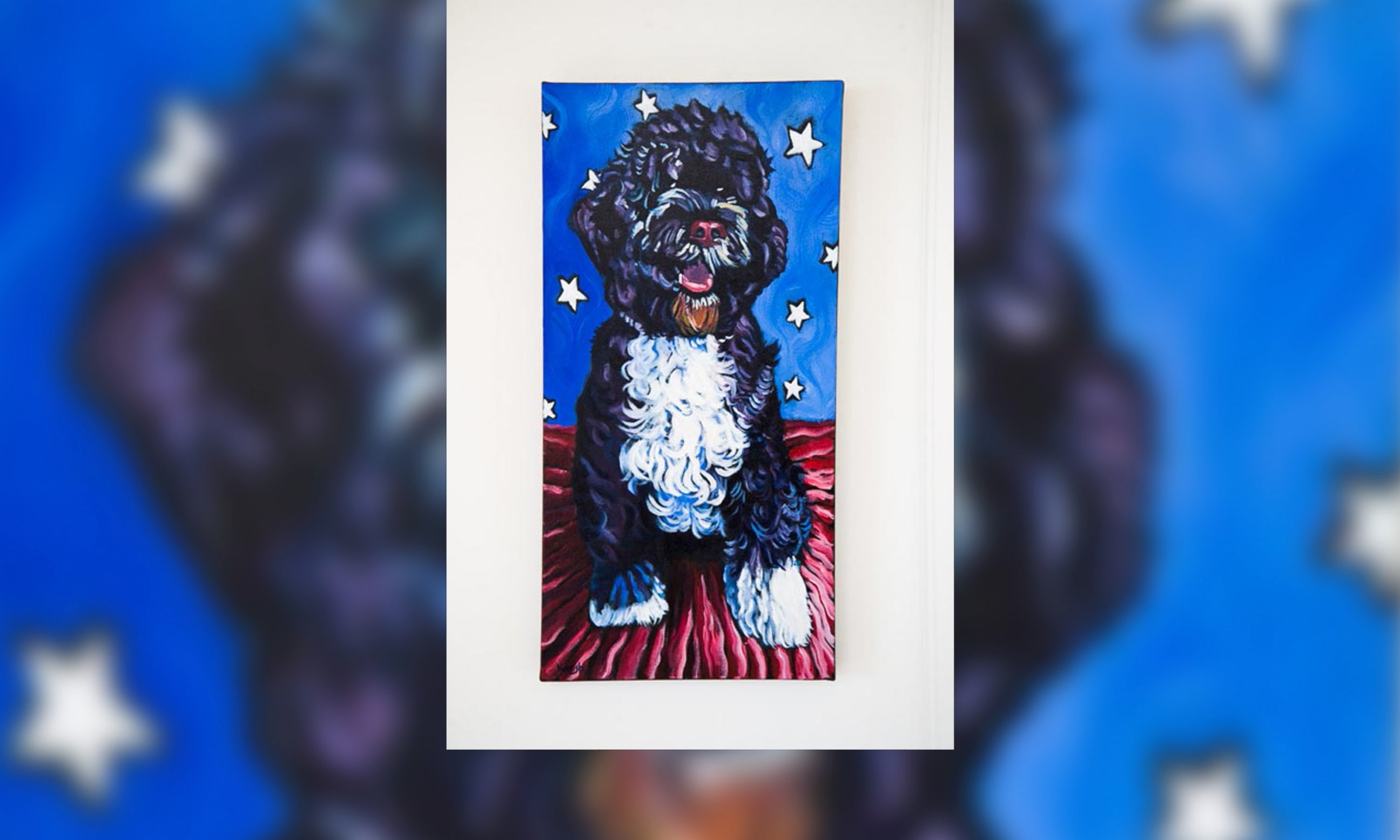 PHOTO: A painting of a Portuguese Water Dog is seen in the vacation home where President Obama and his family are vacationing in Chilmark, Massachusetts.