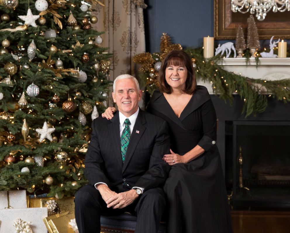 PHOTO: Vice president Mike Pence and second lady Karen Pence in their official 2017 Christmas portrait, taken December 9, 2017 and released December 15, 2017, at the at the Vice President's Residence at the Naval Observatory in Washington, DC.