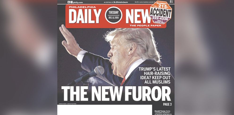 PHOTO: Donald Trump appears on the front page of the Philadelphia Daily News on Dec. 8, 2015.