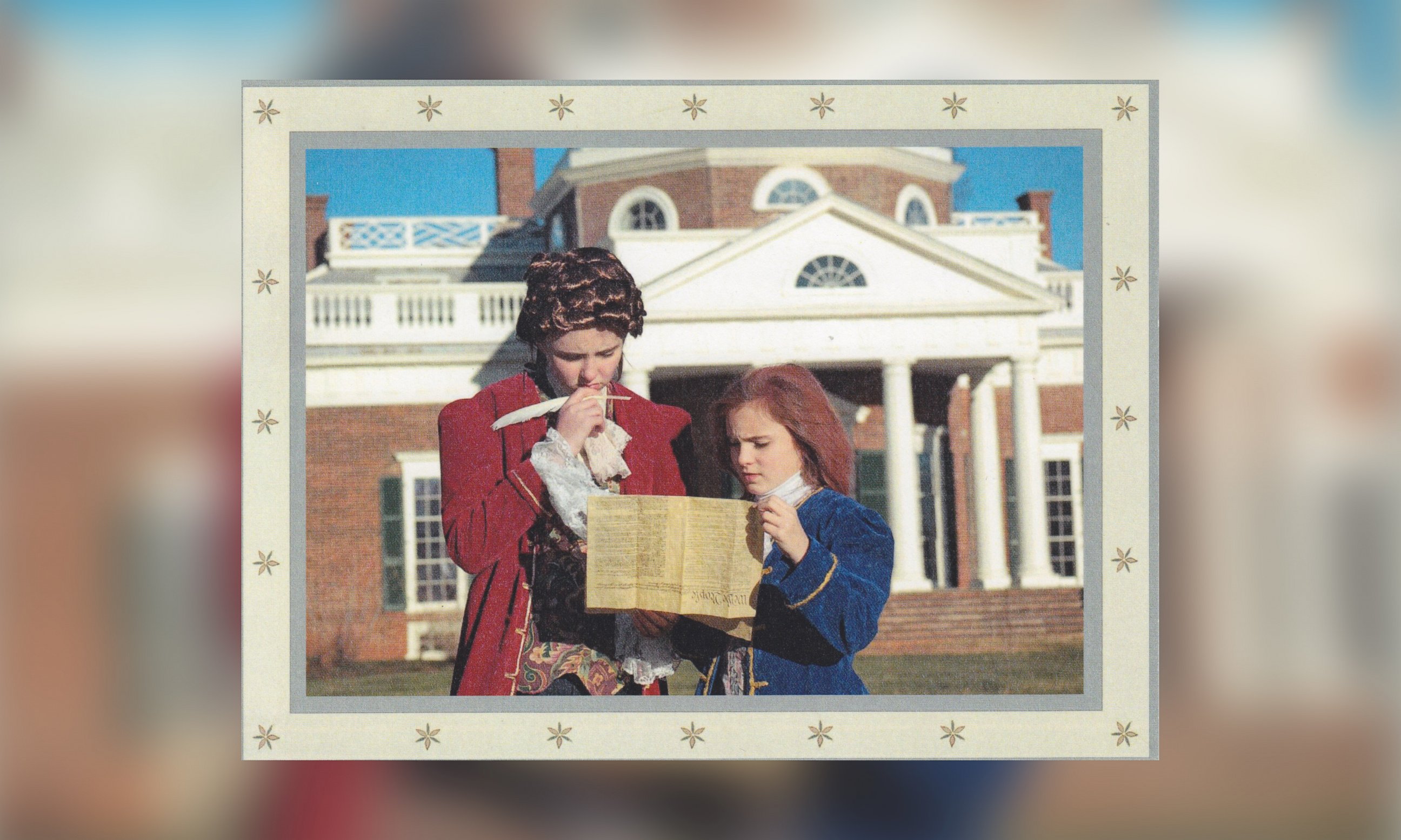 PHOTO: The Jensen family traveled to Thomas Jefferson's famous home Monticello to photograph their 2012 President's Day card. Matilda and Franny dressed as presidents Thomas Jefferson and James Madison. 