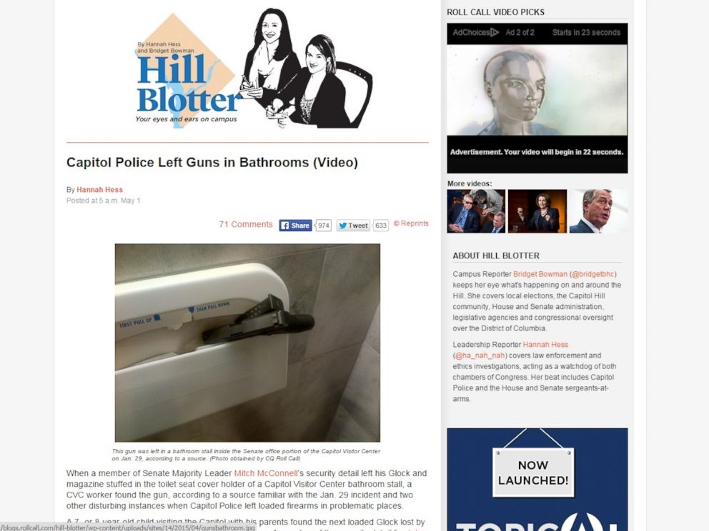 PHOTO: Screenshot of Roll Call website showing article "Capitol Police Left Guns In Bathroom".