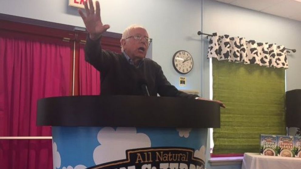 Bernie Sanders speaks with employees at the Ben & Jerry's plant in Saint Albans, Vermont, on April 14, 2017.