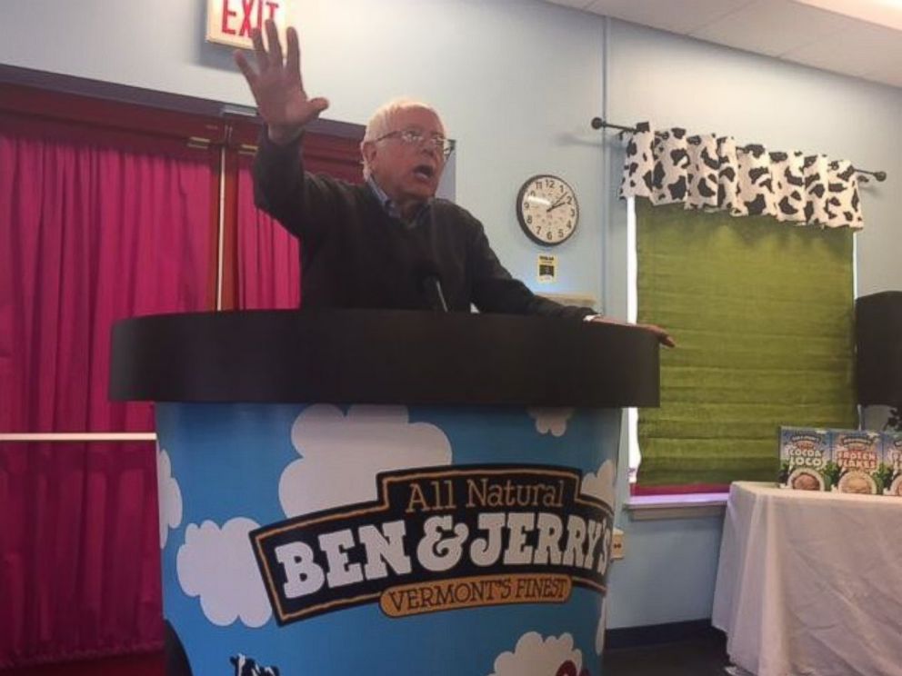PHOTO: Bernie Sanders speaks with employees at the Ben & Jerry's plant in Saint Albans, Vermont, on April 14, 2017.