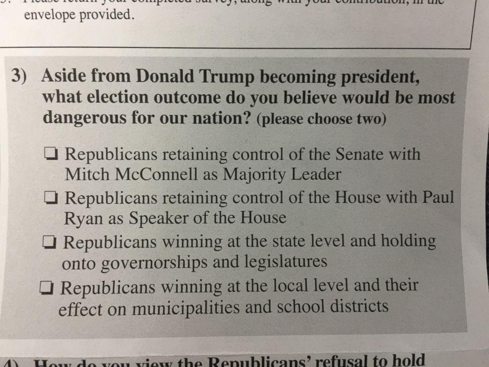 PHOTO: An excerpt from the Official 2016 Democratic Party Survey, the Democratic National Committee mailed to some of the party's registered voters. 