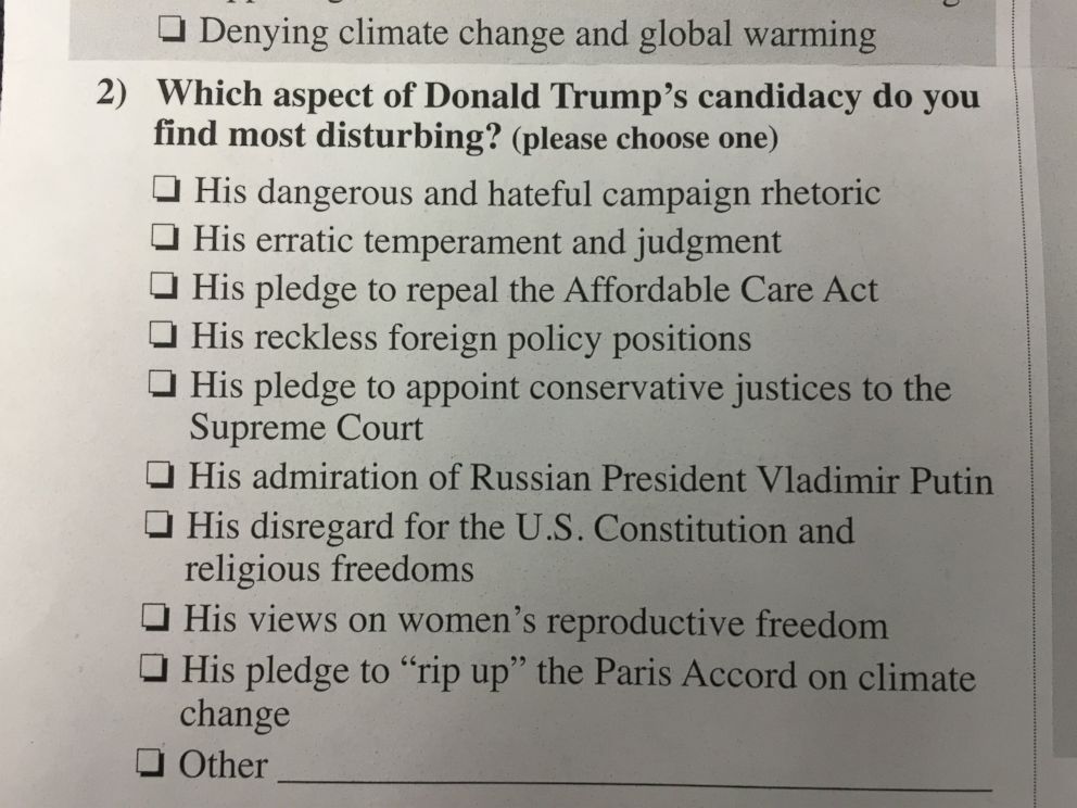 PHOTO: An excerpt from the Official 2016 Democratic Party Survey, the Democratic National Committee mailed to some of the party's registered voters. 