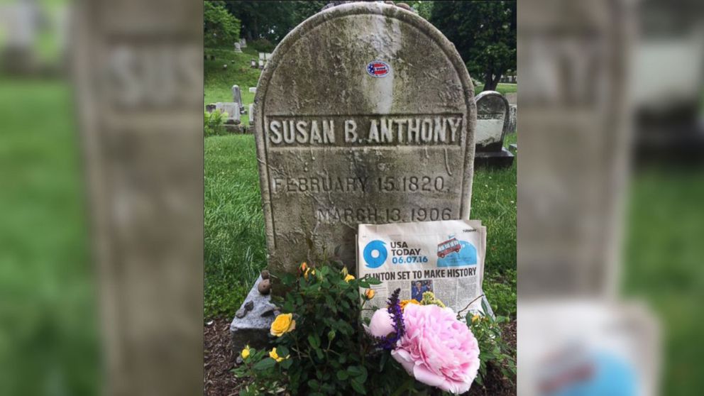 A visitor left news of Hillary Clinton's historic nomination at Susan B. Anthony's grave site in Rochester, New York, June 8, 2016.