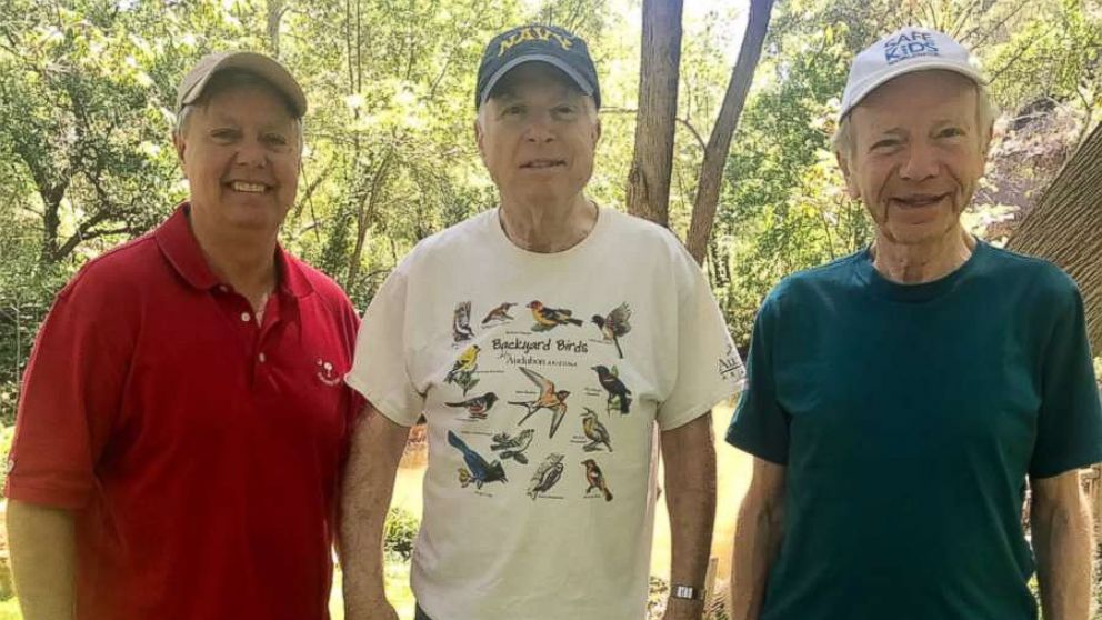 PHOTO: Sen. John McCain, R-Ariz., tweeted on August 19, 2017 this photo with Sen. Lindsey Graham, R-S.C. (left) and former Sen. Joe Leiberman, I-Conn. in Arizona's Oak Creek Valley. 