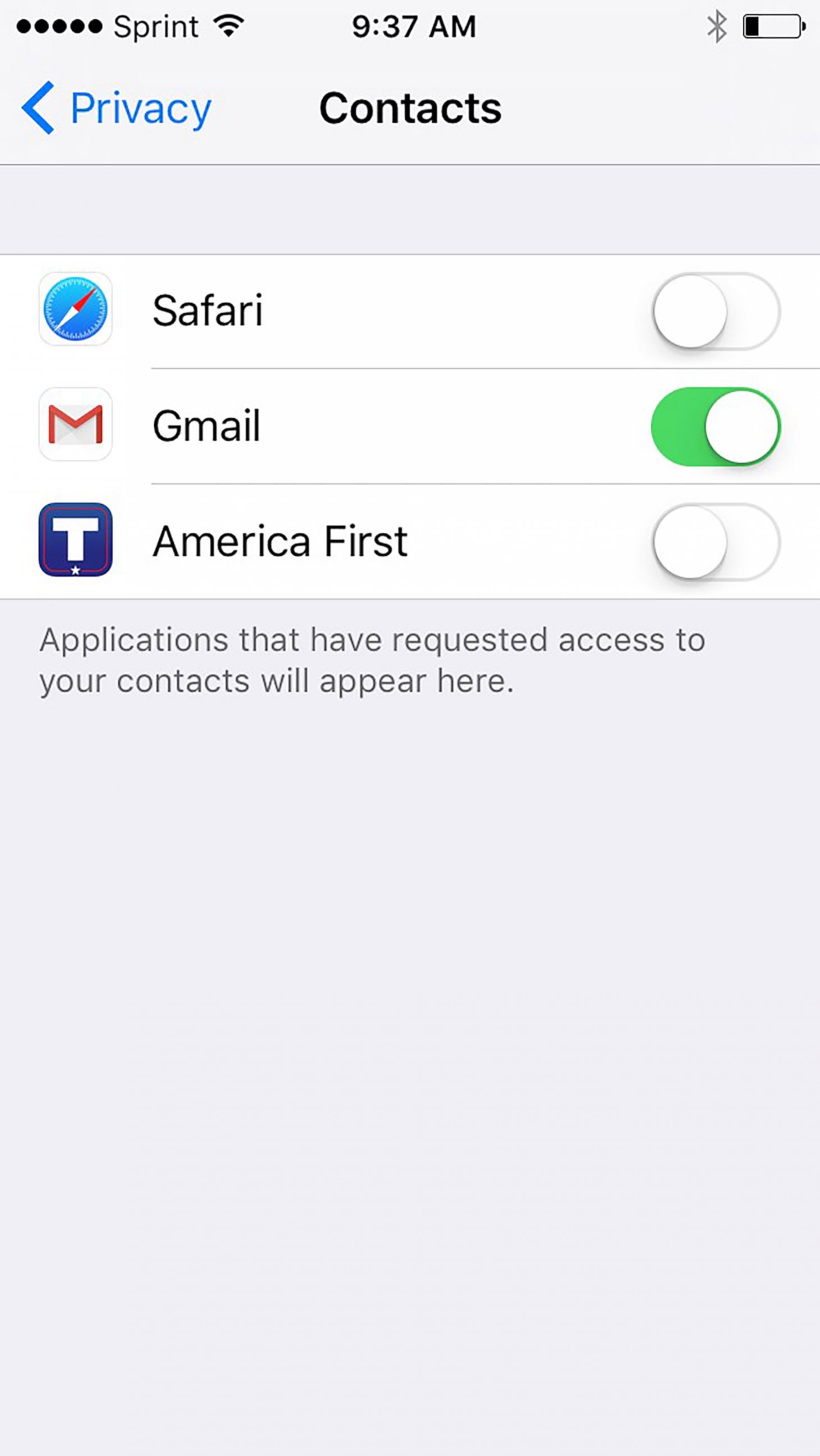 PHOTO: An Apple iPhone screen grab made on Aug. 25, 2016 on shows the privacy settings for the user's contacts.