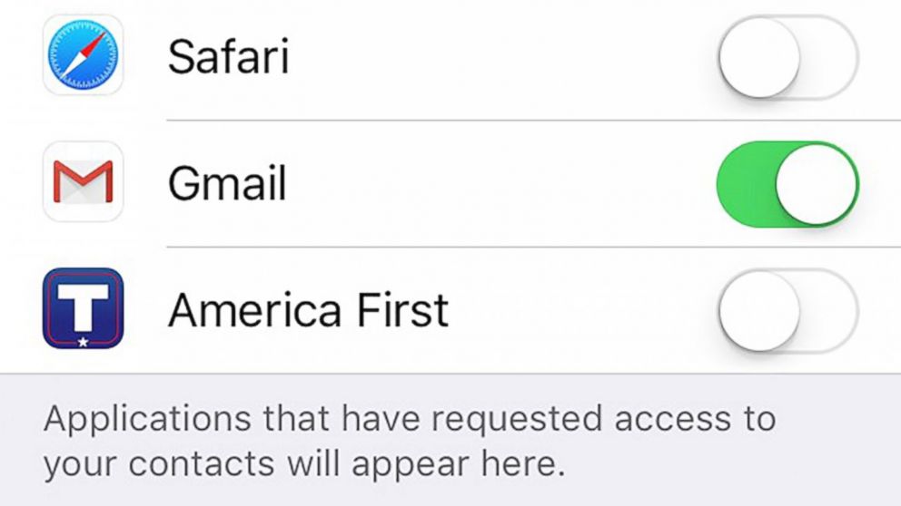 PHOTO: An Apple iPhone screen grab made on Aug. 25, 2016 on shows the privacy settings for the user's contacts.