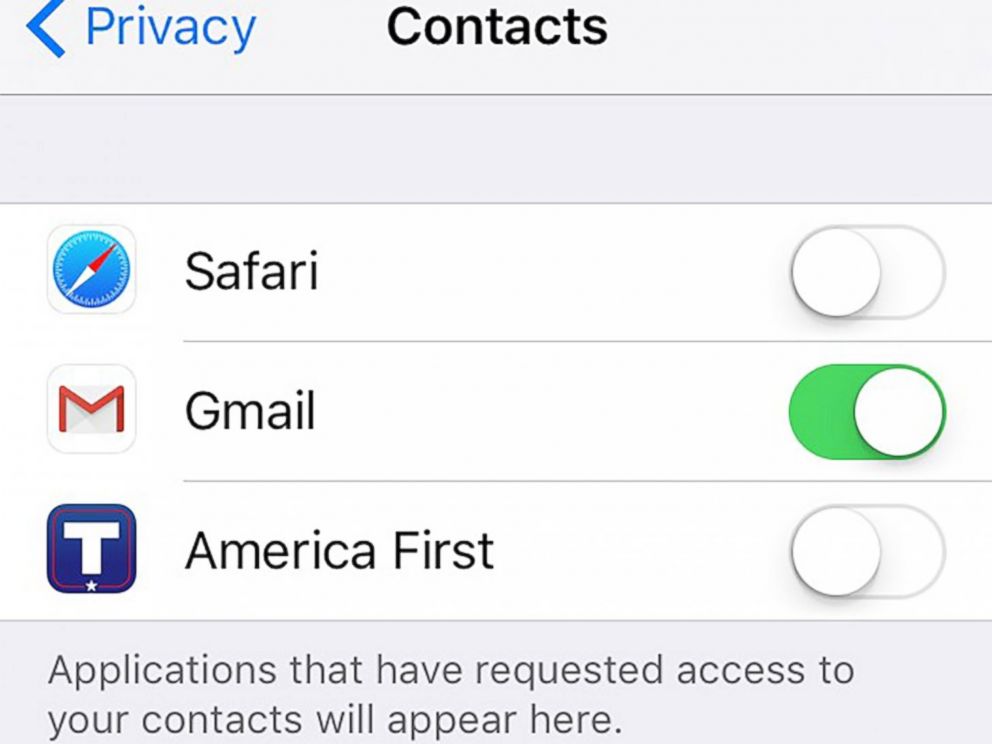 PHOTO: An Apple iPhone screen grab made on Aug. 25, 2016 on shows the privacy settings for the users contacts.