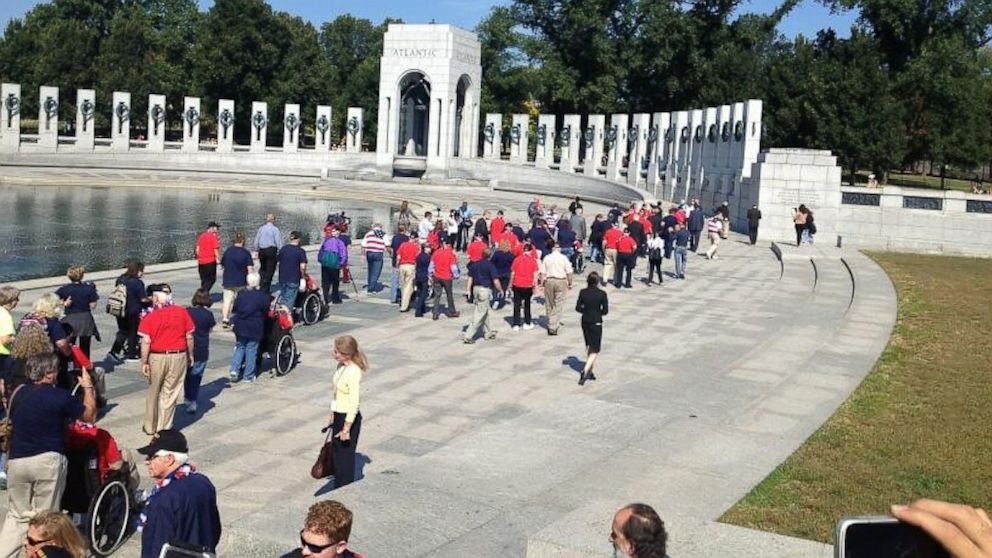 Stars and Stripes reporter Leo Shane III tweeted an image of WWII veterans entering their memorial in Washington, DC, Oct. 1, 2013. 
