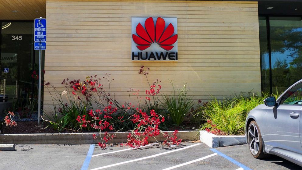 PHOTO: A Sign with logo on facade of office of Chinese networking equipment company Huawei in the Silicon Valley, Mountain View, Calif., May 3, 2019.