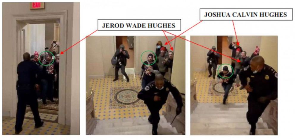 PHOTO: The FBI alleged in these stills included in its criminal complaint that Joshua Hughes and Jerod Hughes were among those seen chasing a Capitol Police officer through the Capitol on Jan. 6, 2021.