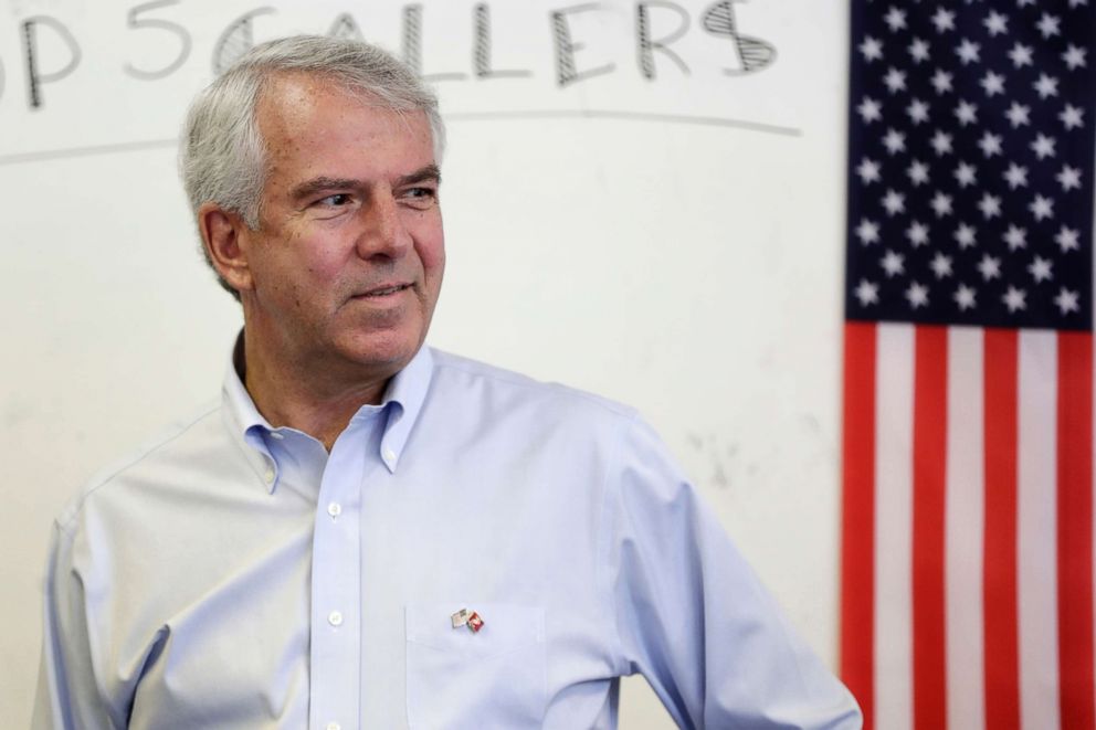 PHOTO: Bob Hugin, a Republican candidate running in in next week's New Jersey primary election for U.S. Senate, talks with constituents during the Monmouth GOP Super Saturday campaign drive, June 2, 2018, in Colts Neck, N.J.