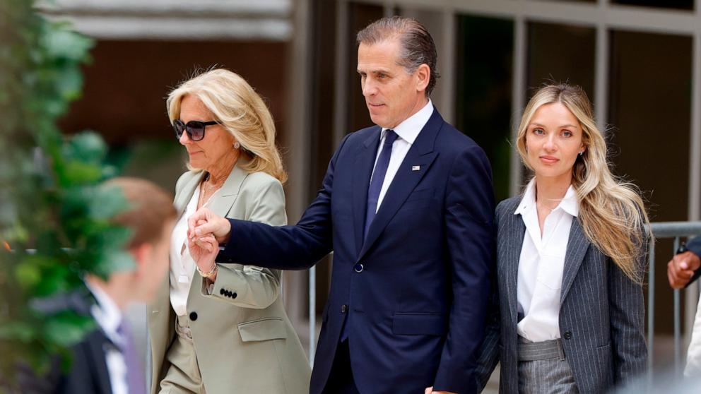 PHOTO: First lady Jill Biden, Hunter Biden, son of President Joe Biden, joined by his wife Melissa Cohen Biden, leave the J. Caleb Boggs Federal Building on June 11, 2024 in Wilmington, Del.