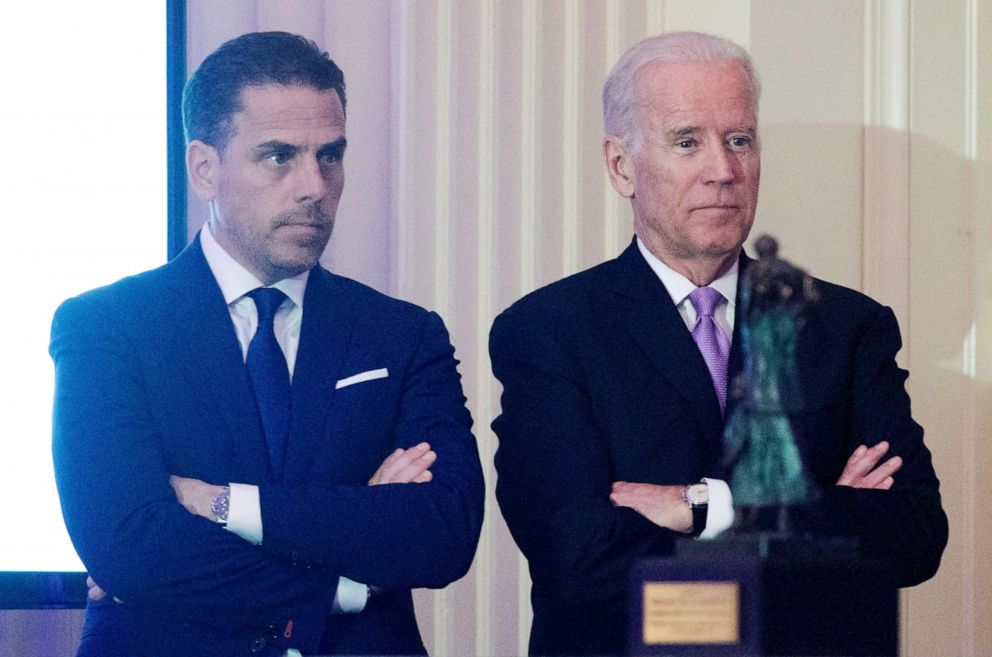 PHOTO: WFP USA Board Chair Hunter Biden stands next to his father, former Vice President Joe Biden during an event on April 12, 2016 in Washington, D.C.