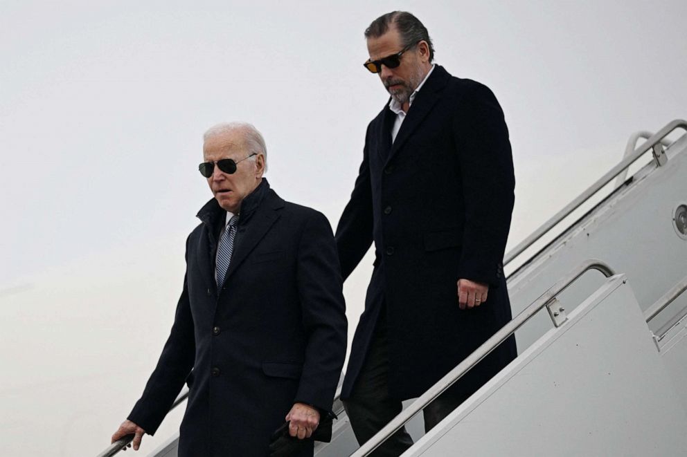 PHOTO: President Joe Biden, with son Hunter Biden, arrives at Hancock Field Air National Guard Base in Syracuse, N.Y., on Feb. 4, 2023.