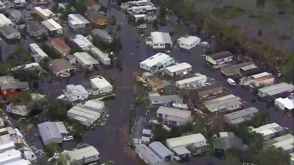PHOTO: An aerial view of damaged and inundated homes after Hurricane Ian tore through the area, in this still image taken from video in Lee County, Fla., Sept. 29, 2022.