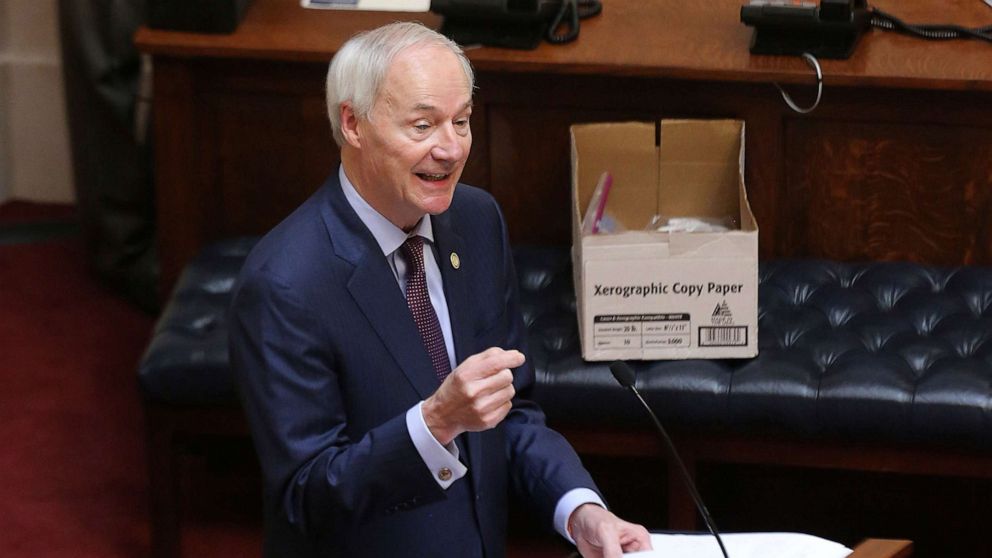 PHOTO: Arkansas Gov. Asa Hutchinson gives the State of the State address on April 8, 2020.