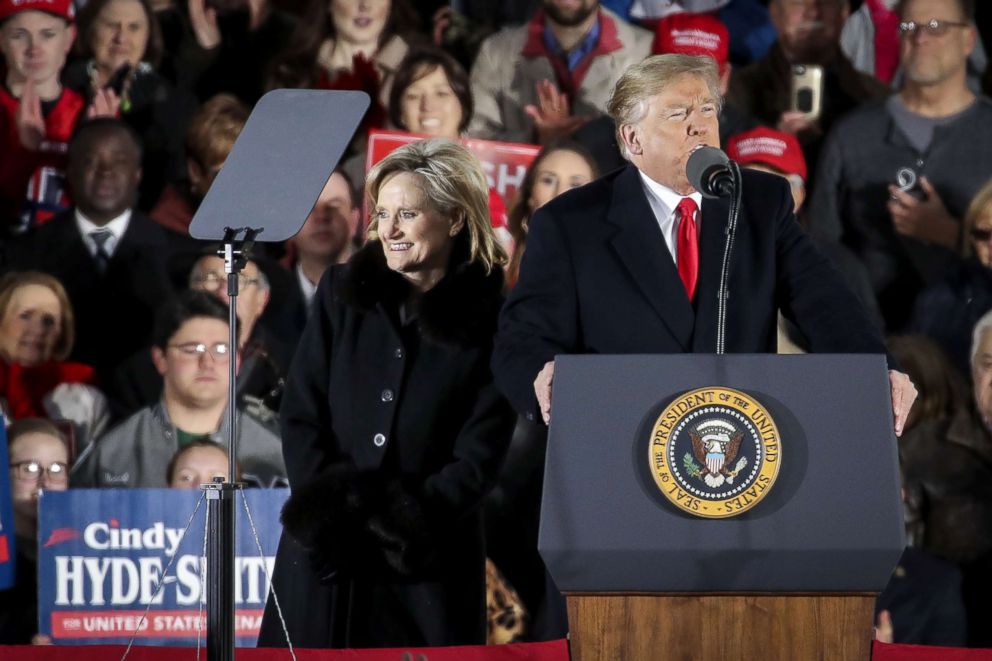 PHOTO: Cindy Hyde-Smith is introduced by President Donald Trump during a rally at the Tupelo Regional Airport, Nov. 26, 2018, in Tupelo, Mississippi.