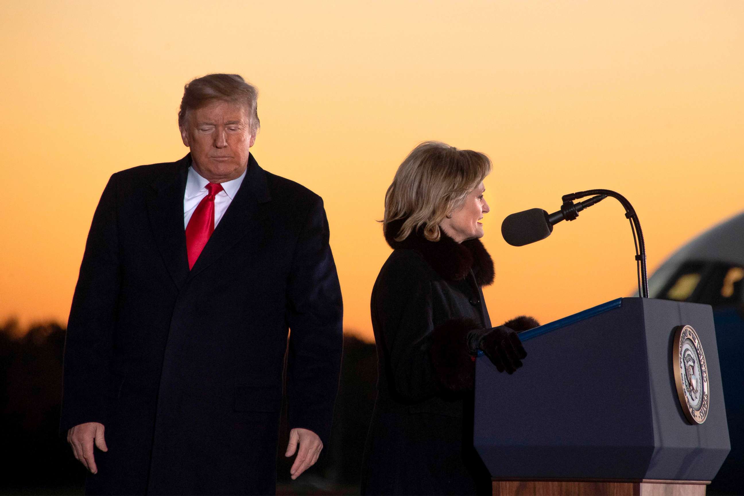 PHOTO: President Donald Trump arrives to deliver remarks as Cindy Hyde-Smith speaks at a Make America Great Again rally in Tupelo, Mississippi, Nov. 26, 2018.