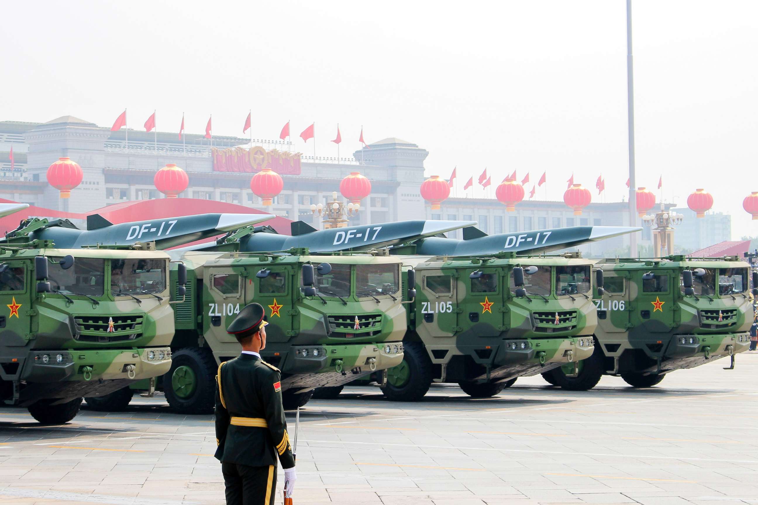 PHOTO: DF-17 Dongfeng medium-range ballistic missiles equipped with a DF-ZF hypersonic glide vehicle participate in a military parade to mark the 70th anniversary of the Chinese People's Republic in Beijing Oct. 1, 2019.