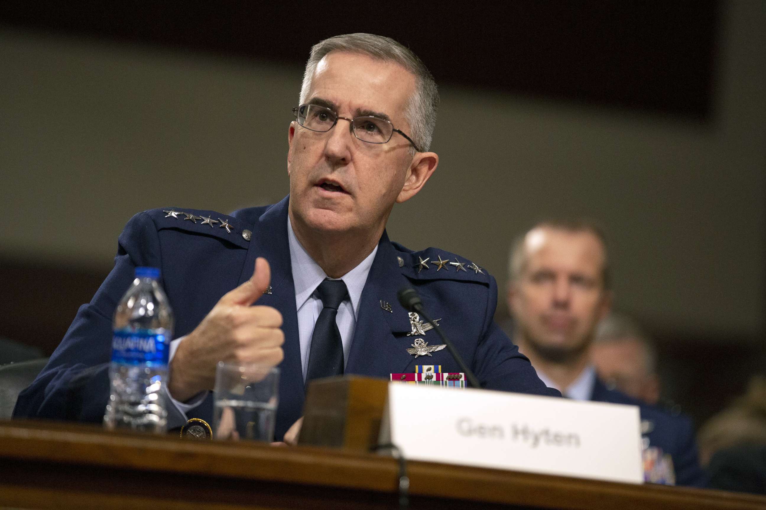 PHOTO: General John Hyten, commander of U.S. Strategic Command, listens during a Senate Armed Services Committee hearing in Washington, D.C., on Thursday, April 11, 2019.