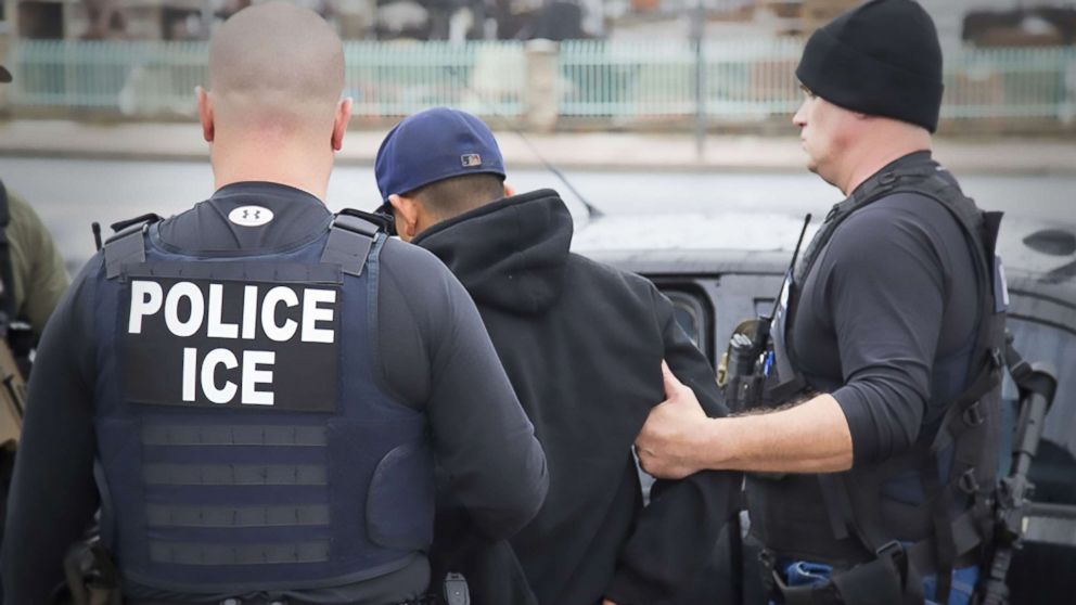 PHOTO: This image obtained Feb. 11, 2017 courtesy of the Immigration and Customs Enforcement (ICE) shows US Immigration and Customs Enforcement officers detaining a suspect during an enforcement operation on Feb. 7, 2017 in Los Angeles, California.  