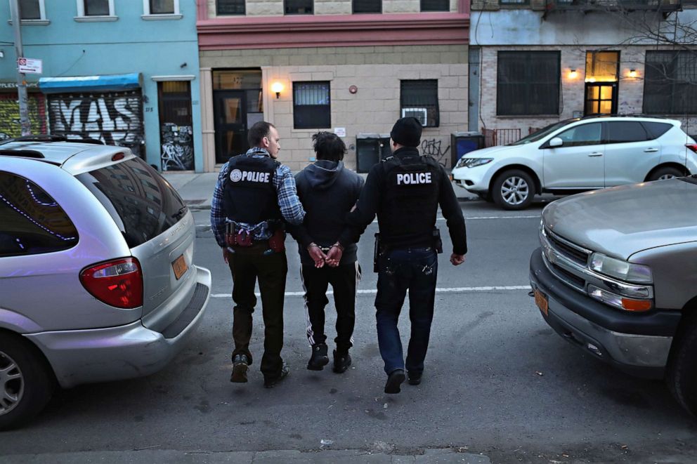 PHOTO: Immigration and Customs Enforcement (ICE) officers arrest an undocumented Mexican immigrant during a raid in the Bushwick neighborhood of Brooklyn on April 11, 2018, in New York City.