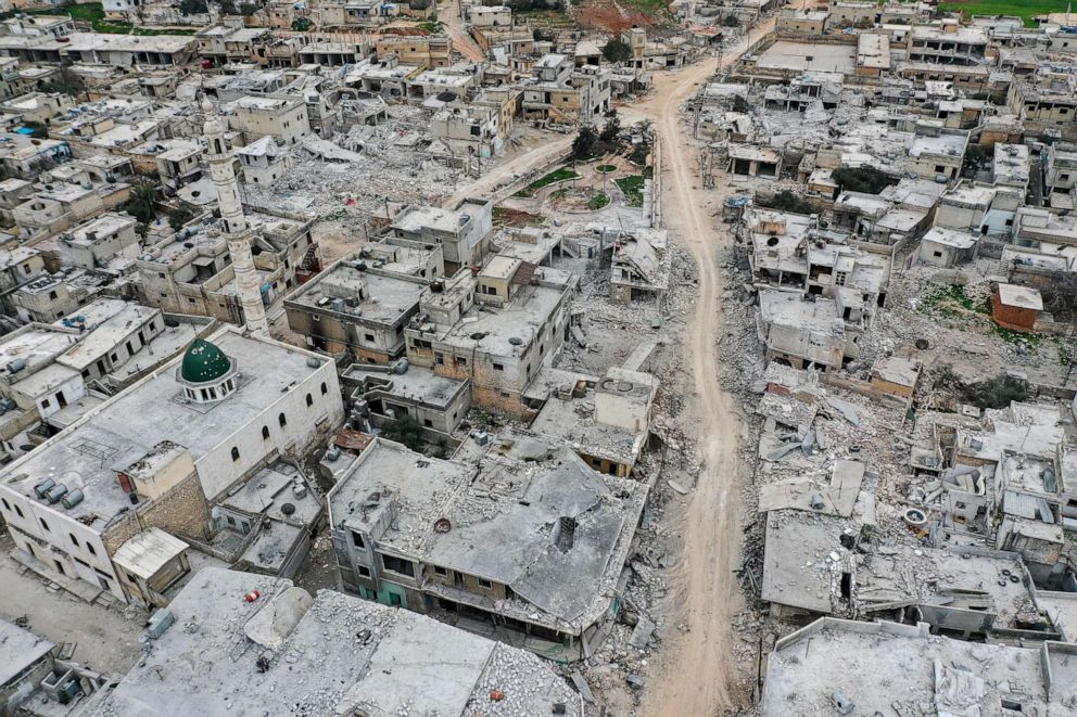 PHOTO: An aerial view of the town of Afis, which has sustained widespread destruction due to heavy fighting and air-strikes by pro-Syrian regime forces, in the northwestern Idlib province, March 12, 2020.