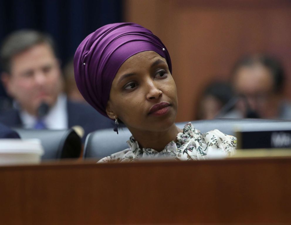 PHOTO: Rep. Ilhan Omar (D-MN) participates in a House Education and Labor Committee Markup on the H.R. 582 Raise The Wage Act, in the Rayburn House Office Building, March 6, 2019, in Washington, D.C.