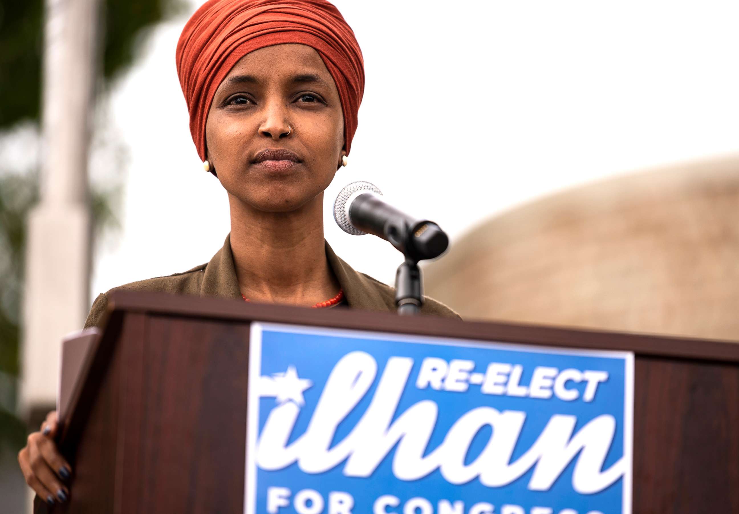 PHOTO: Rep. Ilhan Omar (D-MN) speaks during a press conference outside the DFL Headquarters, Aug. 5, 2020, in St Paul, Minn.