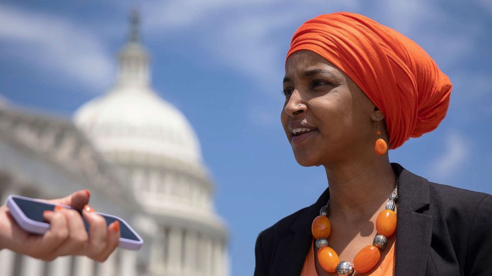 PHOTO: Rep. Ilhan Omar speaks to a reporter before a press conference outside the U.S. Capitol, on July 19, 2022, in Washington, D.C.