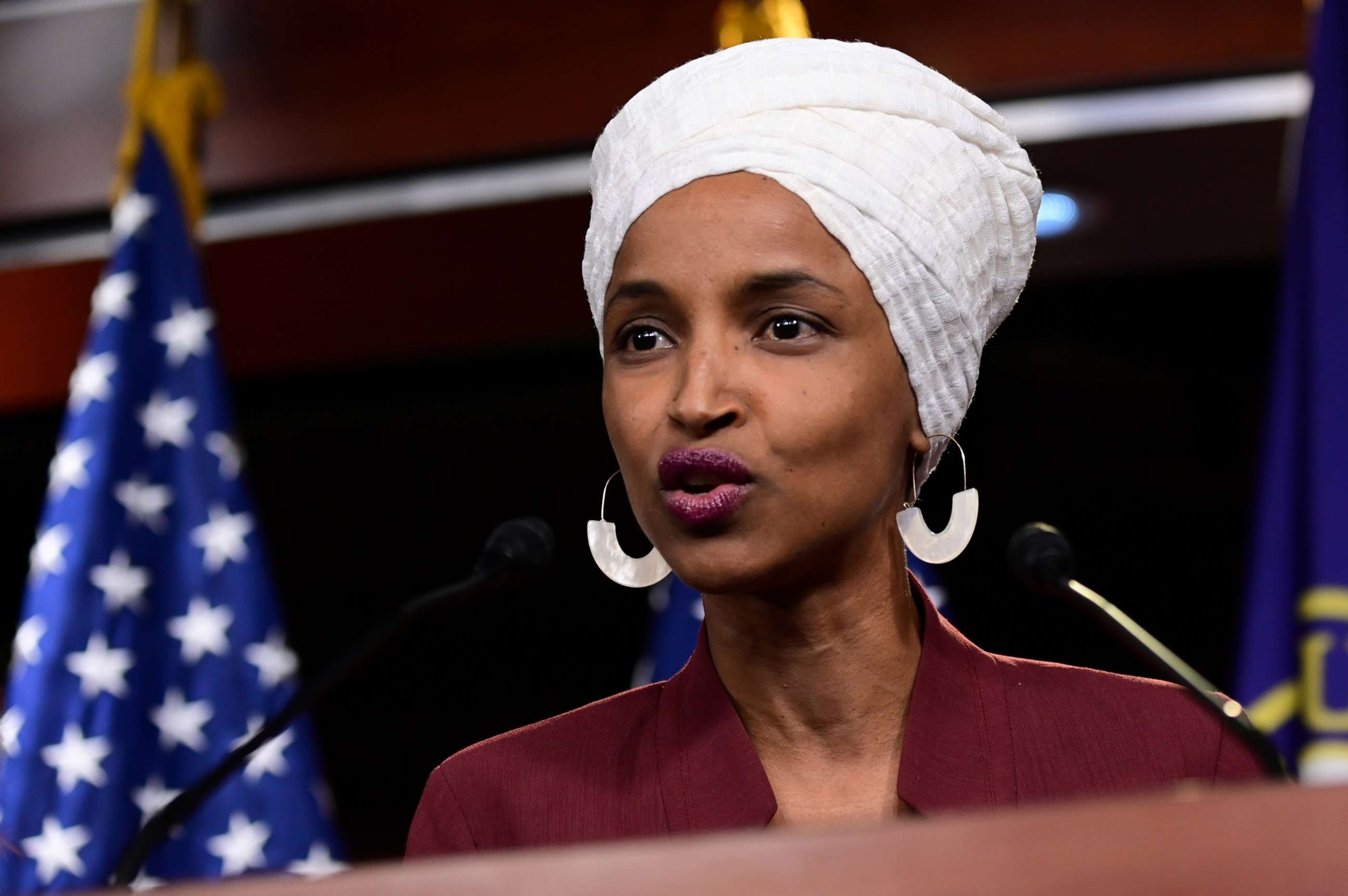 PHOTO: Rep Ilhan Omar speaks at a news conference after Democrats in the U.S. Congress moved to formally condemn President Donald Trump's attacks on the four minority congresswomen on Capitol Hill in Washington, July 15, 2019.