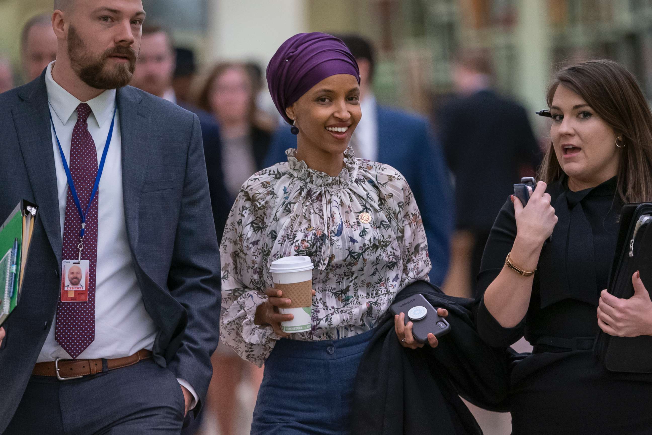 PHOTO: Rep. Ilhan Omar walks through an underground tunnel at the Capitol as top House Democrats plan to offer a measure that condemns anti-Semitism in the wake of controversial remarks by the freshman congresswoman, in Washington, D.C., March 6, 2019.