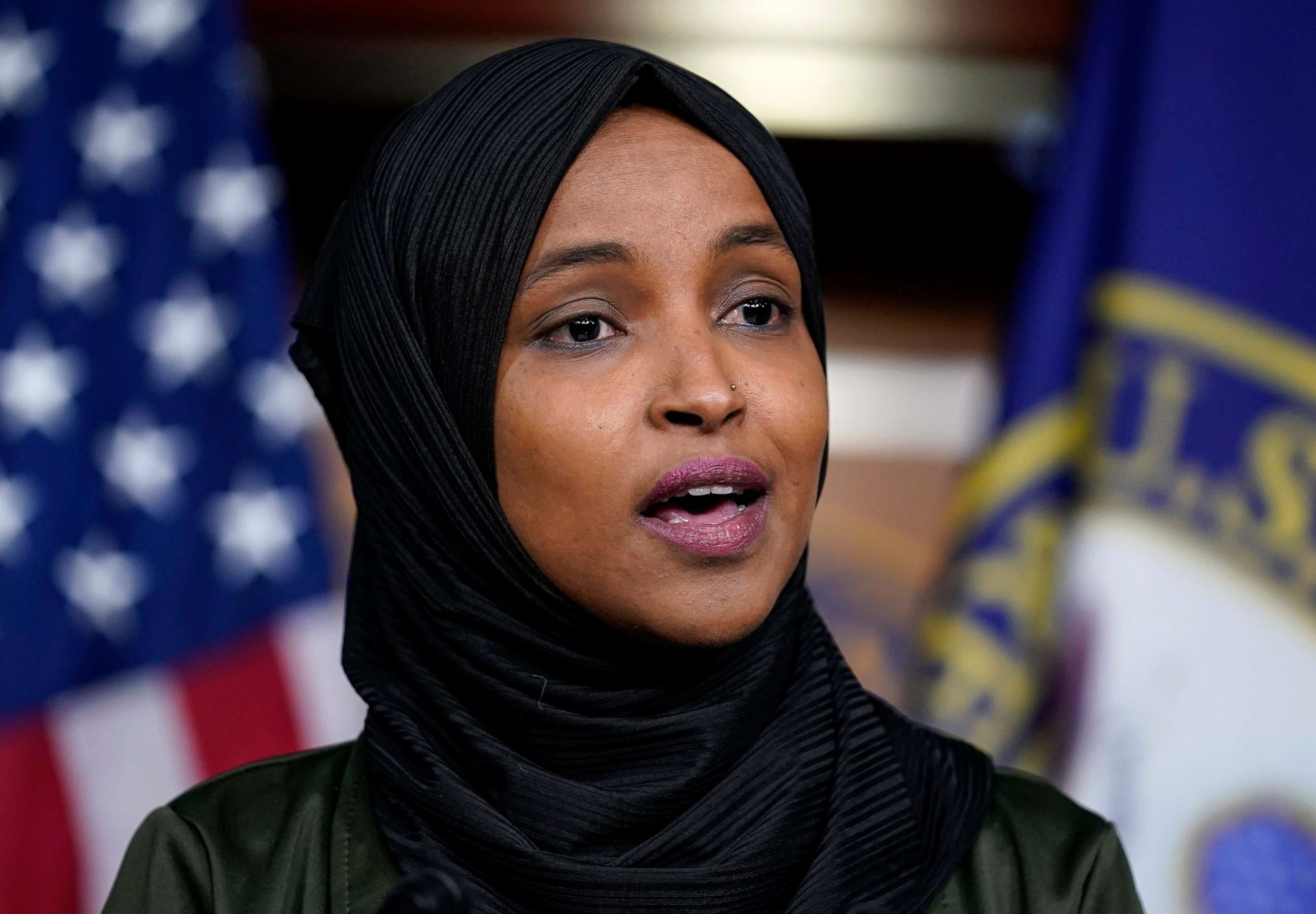 PHOTO: Rep. Ilhan Omar speaks to reporters during a news conference at the Capitol in Washington, Nov. 30, 2021.